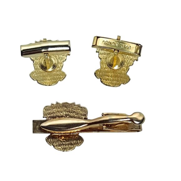 Vintage Gold Tone W/ Black Enamel Fleur Di Lis Tie Bar And Cufflinks Set (6057) - Picture 5 of 5